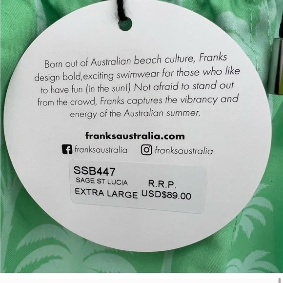 FRANKS mens XL palm tree Sage green print swim shorts trunks w mesh support - Picture 15 of 15